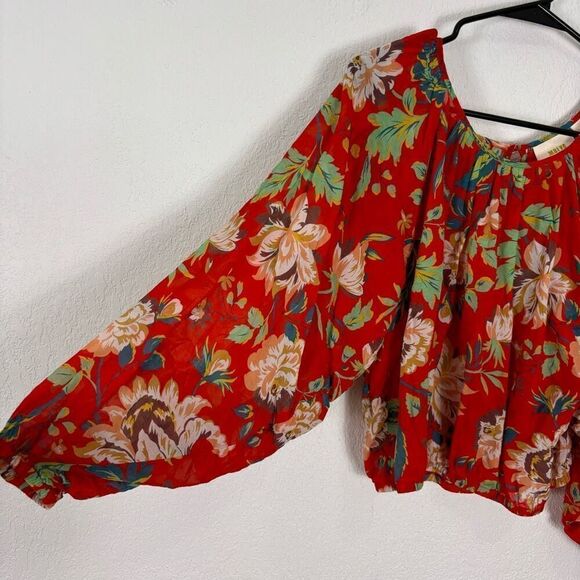 Maeve by Anthropologie Red with Tan Floral Long Sleeve Blouse Top - Picture 5 of 8